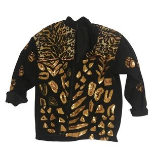 Vintage Hand Sequined Black Denim Jacket with Leopard/Cheetah Animal Pattern